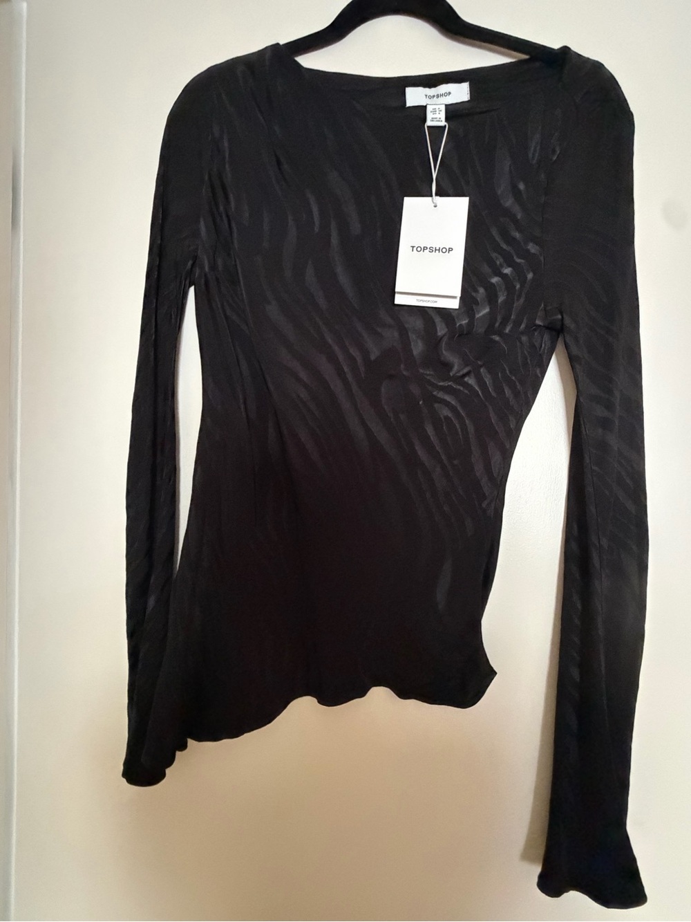 Topshop Black Long-Sleeve Subtle Zebra-Textured Top